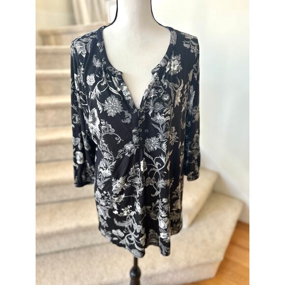 Lucky Brand Black & Grey Floral Tunic Blouse - Picture 1 of 7